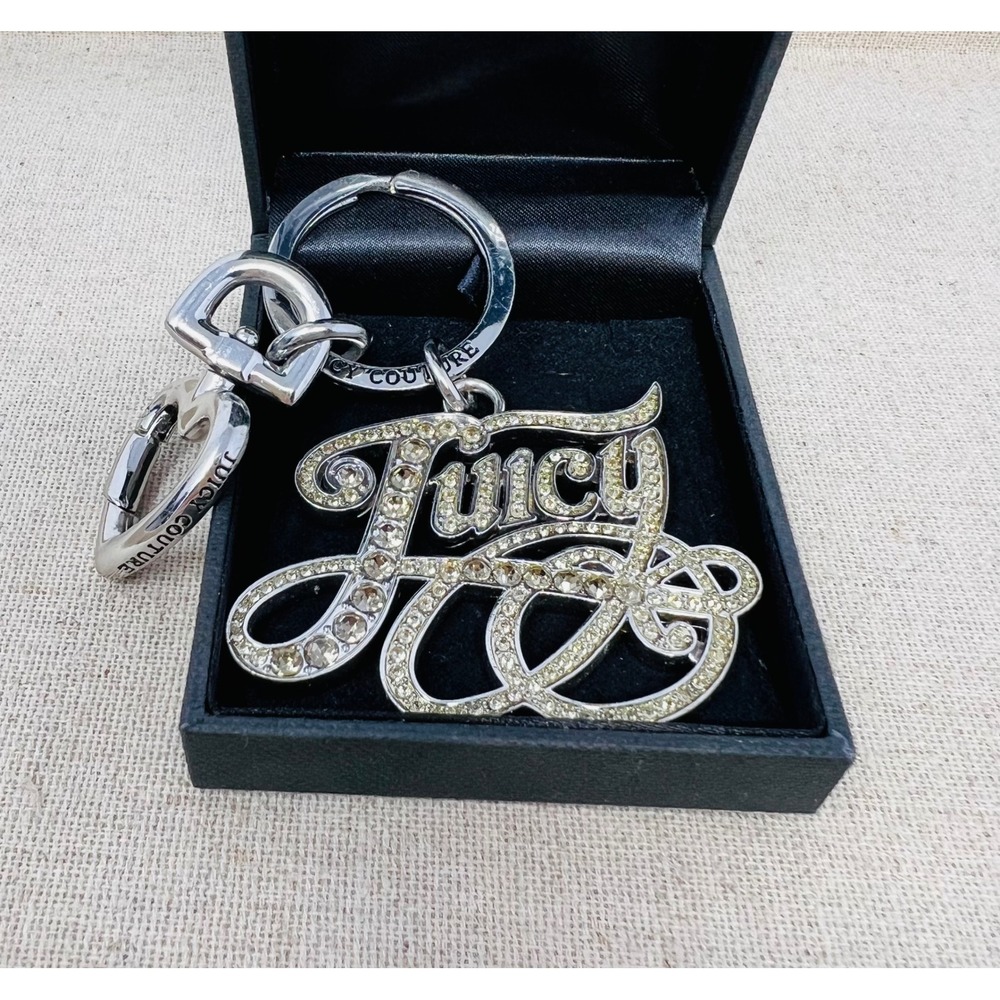 Juicy Couture Silver Tone Crystal Pave Script Logo Keychain Heart Clasp Boxed